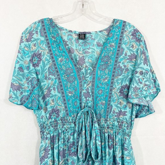 Zury Blue Boho Print Flutter Sleeve Maxi Dress V-Neck Silk Bohemian FREE SIZE - Picture 3 of 8